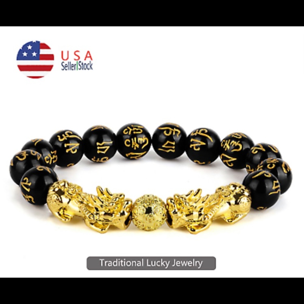 Feng Shui Black Obsidian Beads Bracelet Attract Wealth & Good Luck Bangle PiXiu